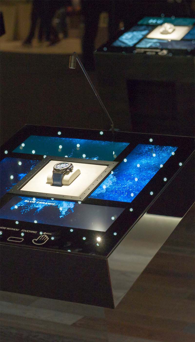 Interactive Hublot watch display in black Nero SM stainless steel
