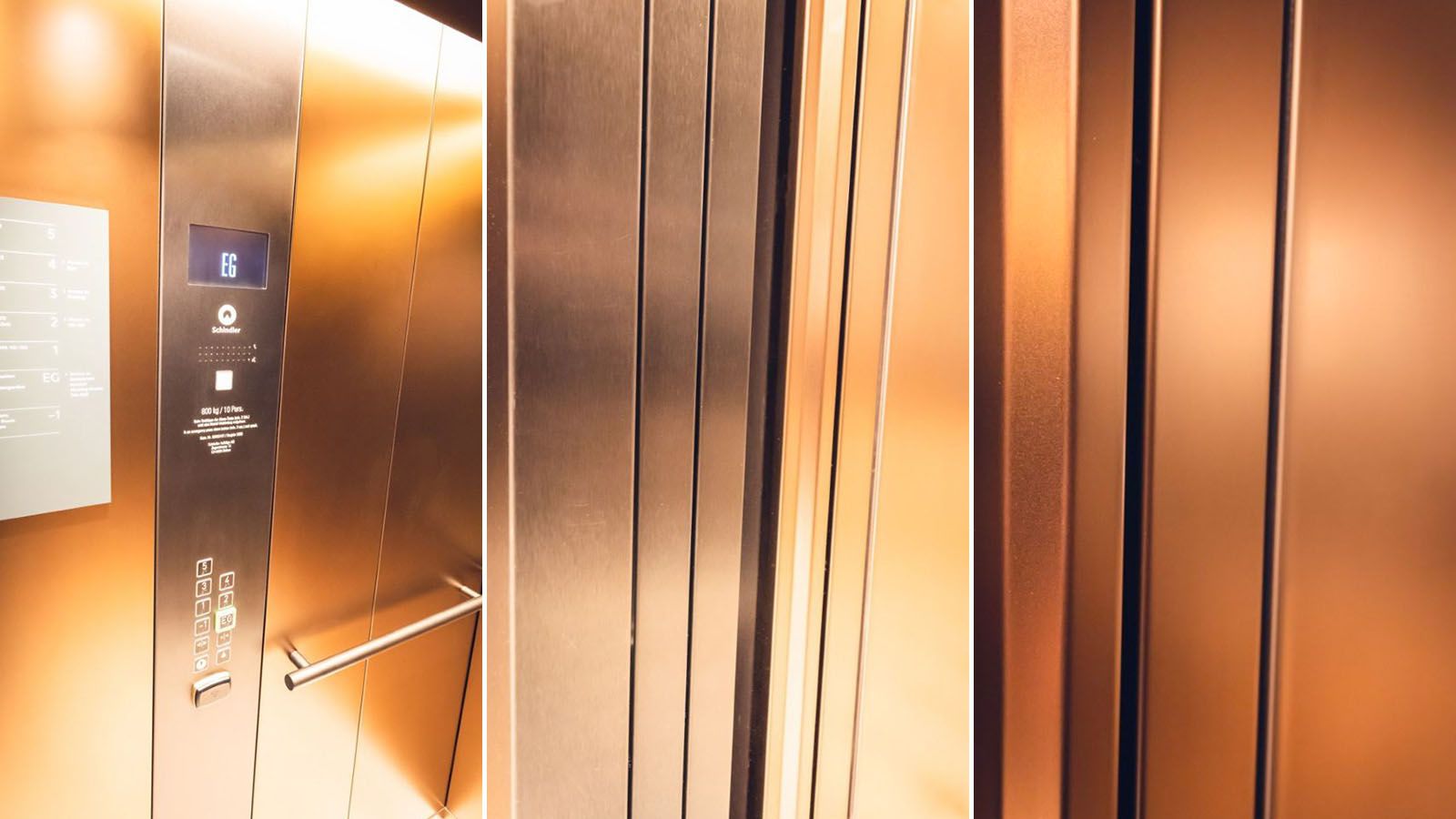 Intérieur d’ascenseur avec revêtement de portes en acier inoxydable couleur bronze et panneau de commande